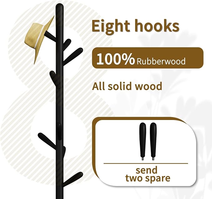 Solid Wood Square Base Coat Rack, Free Standing Hall Coat Tree with 8 Hooks（+2 spare for Coats, Hats, Bags, Purses, for Entryway, Hallway, Rubberwood Hooks,Base and Pole,(Square Base, Black) - Image 2