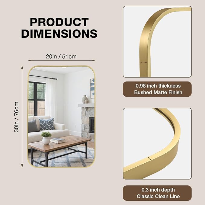 20x30 Inch Bathroom Mirrors for Over Sink, Brushed Gold Rectangle Mirror for Bathroom or Entryway, Wall Mounted Vanity Mirror with Aluminum Alloy Frame & Tempered Glass, Hangs Horizontally/Vertically - Image 5