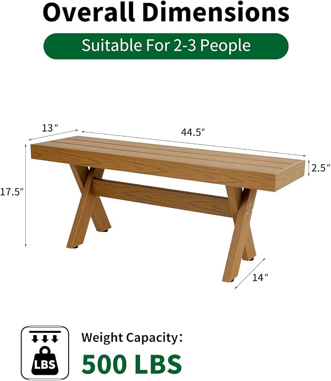 44.5" HIPS Outdoor Dining Bench, X-Shaped Modern Backless 2-Person Seating, All-Weather Patio Bench with Wood Grain Texture, Easy Assembly, Teak - Image 2