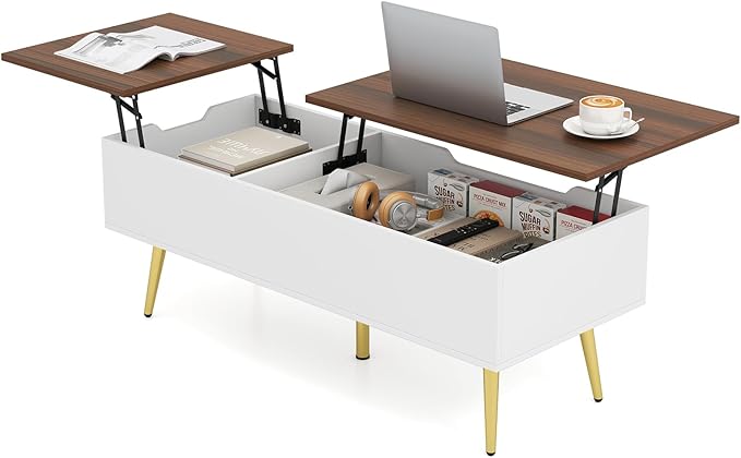 Tangkula Lift Top Coffee Table, Mid Century Modern Center Table with Split Top & 2 Hidden Compartments, Rectangle Accent Table with Tapered Metal Legs for Living Room (Walnut+White+Gold)