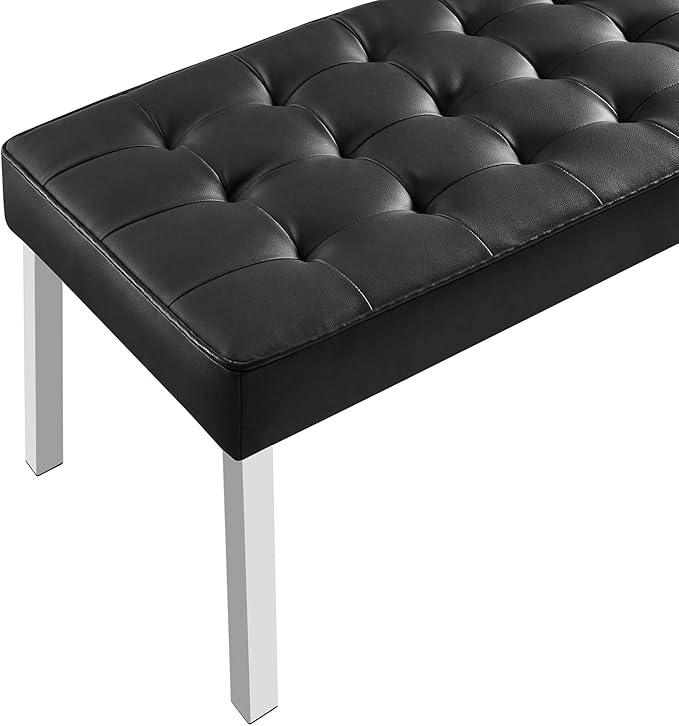 Modway Loft Tufted Button Faux Leather Upholstered Large Accent Bench in Silver Black