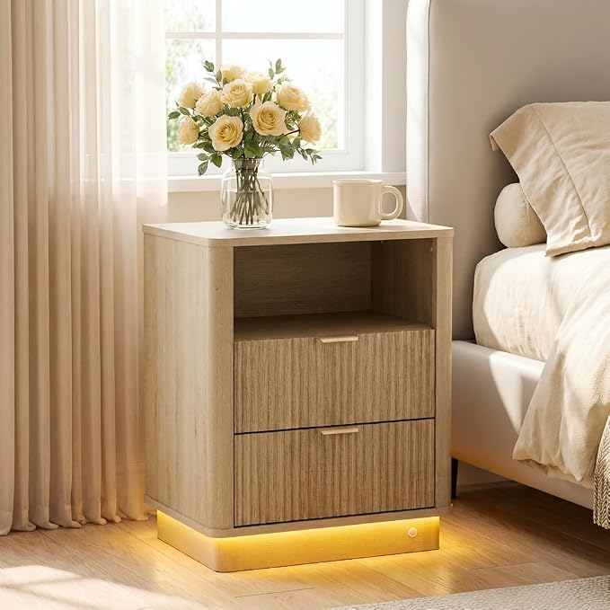 Fluted Night Stand Set of 2, Curved Nightstands with Charging Station Lighting, Wood End Table with 2 Drawers, Modern Side Table Storage Cabinet for Bedroom Office,(2, Natural) - Image 8