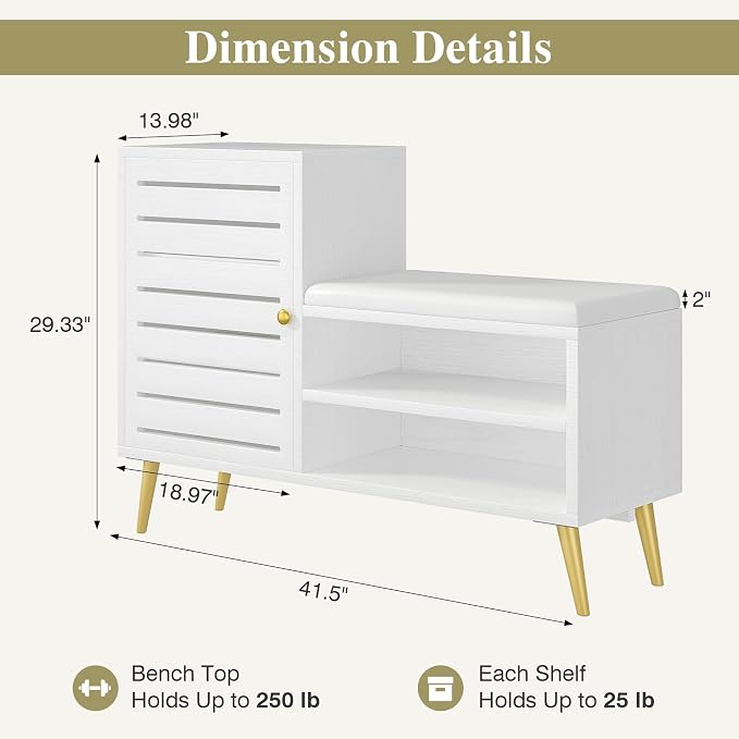 VECELO Shoe Storage Bench with Door&Shelf, Entryway Bench with Seat Cushion, for Hallway, Bedroom, Living Room, L-Shaped, White - Image 2