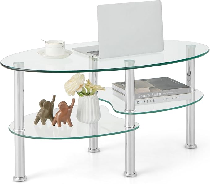 Giantex Oval Glass Coffee Table - 3-Tier Transparent Tempered Glass Table W/Sturdy Chrome Plated Legs, Small Sofa Side Table, End Table for Living Room, Bedroom, Office, 35"× 20" ×18" (Clear)