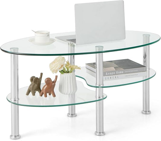 Giantex Oval Glass Coffee Table - 3-Tier Transparent Tempered Glass Table W/Sturdy Chrome Plated Legs, Small Sofa Side Table, End Table for Living Room, Bedroom, Office, 35"× 20" ×18" (Clear)