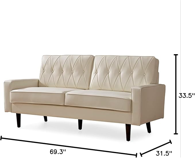Container Furniture Modern Style Faux Leather Sofa with Elegant Round Tapered Legs and Button Tufted Backrest Perfect for Living Room, Bedroom or Home Office, 69.3’’ Wide, White