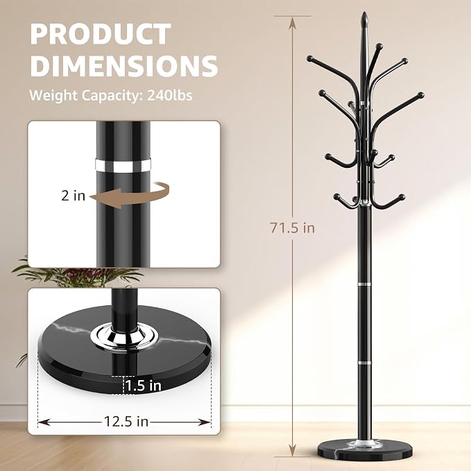HzTinT Heavy Duty Coat Rack with Marble Base, Freestanding Hall Coat Tree with 12 Hooks and 3 Adjustable Sizes, Metal Coat Rack Stand for Entryway, Bedroom, Office Hanging Purses, Coats, Scarves, Hats - Image 5