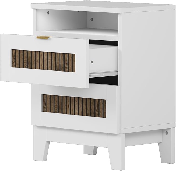 4 Pieces Bedroom Sets Full Size Farmhouse Platform Bed with Wooden Strip Decoration, 2 Storage Nightstands and A 6-Drawer Dresser with Metal Handle for Kids Teens Adults - White