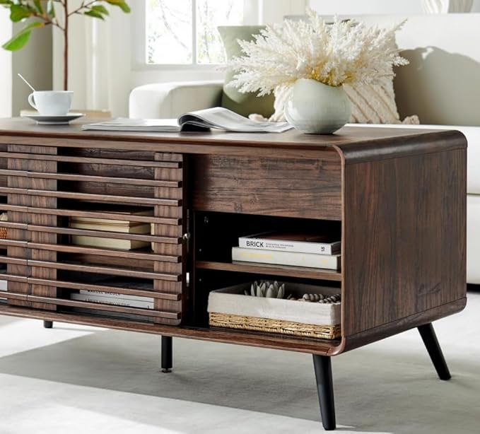 OKD Lift Top Coffee Table w/Sliding Slatted Door, 48" Mid Century Modern Wood Center Table w/Hidden Storage Compartment & Adjustable Shelf, Lift Tabletop Dining Table for Living Room (Dark Walnut)
