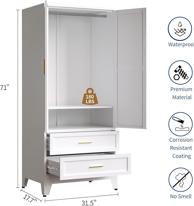 71" Heavy Duty Steel Armoire Wardrobe Closet - Metal Clothing Storage Cabinet with 2 Doors, 1 Drawer, Hanging Rod & Adjustable Shelves, Black for Bedroom, Gym, Laundry Room