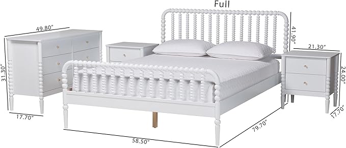 Baxton Studio Lucera Bobbin Wood Bedroom Set, 4-Piece, Full, White