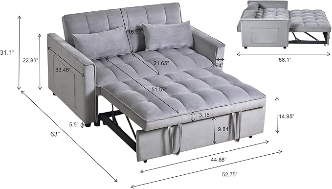 3-in-1 Sofa Bed, 52.75" Pull-Out Sleeper Sofa Bed with 3-Level Adjustable Backrest, Velvet Fabric Loveseat Sleeper Couch for Living Room & Bedroom & Apartment & Dorm Furniture, Light Grey