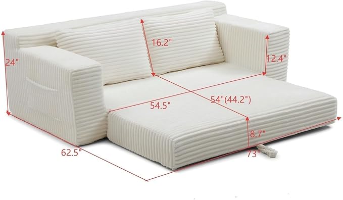 Convertible Sofa Bed, 2 in 1 Memory Foam Futon Couch, No Assembly Corduroy Foldable Sofa Bed, Comfy Floor Couch with 2 Pillows for Bedroom, Living Room, Apartment, Beige