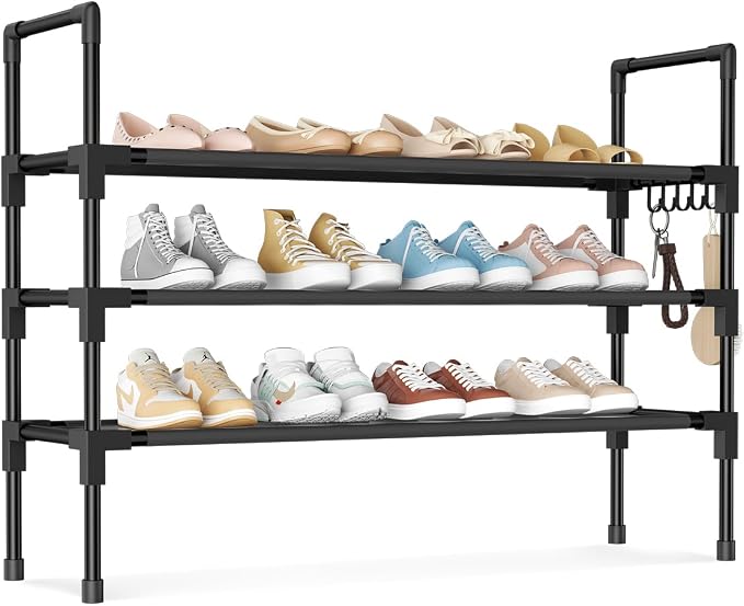3 Tier Shoe Rack, Shoe Organizer Storage for 16-20 Pair Boot and Sneaker, Stackable Free Standing Shoe Shelf with Hooks and Side Pocket, Space Saving Shoes Rack for Closet, Entryway by BRFOYU