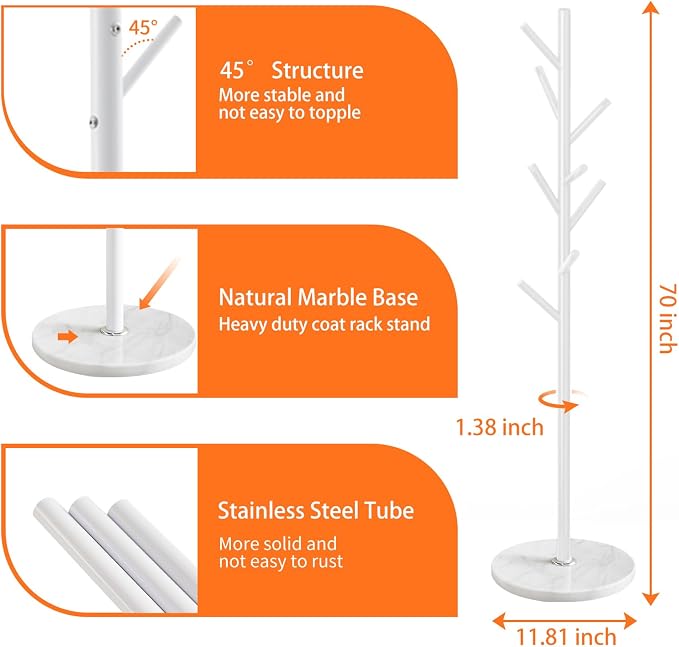 ZOZOE Metal Coat Rack Freestanding, Metal Coat Rack Stand with Natural Marble Base, Modern Coat Racks with 8 Hooks, White Coat Tree Hanger Stand for Jacket, Bag, Entryway, Office - Image 2