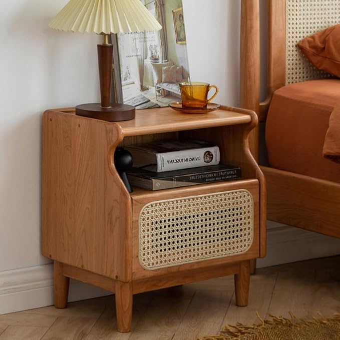 Cherry Wood Night Stand with Drawer, Rattan Nightstand, Wooden Side Table, 19.3" H Bedside Table with Open Shelf, Small Nightstand for Bedroom by Wayshome