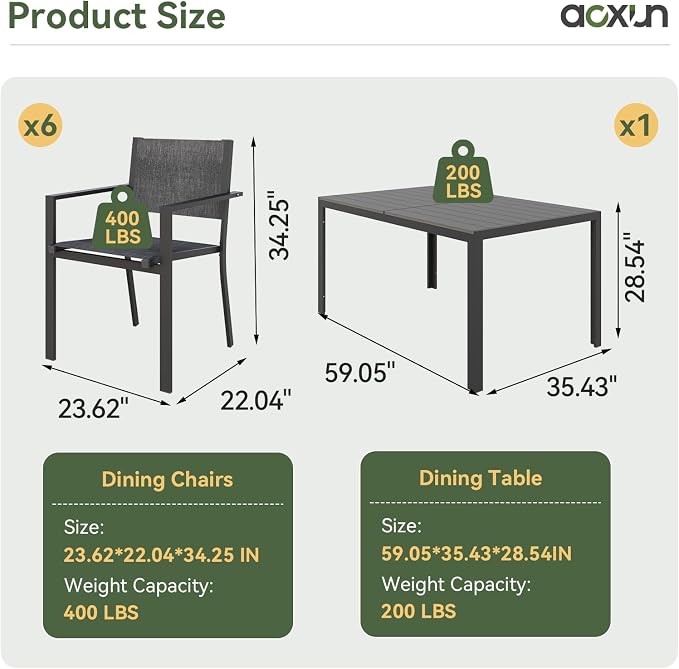 Aoxun 8-Piece Patio Table and Chairs Set & 15ft Patio Umbrella for 6, All Weather Outdoor Dining Set with 6 Textilene Chairs and 1 Rectangular Metal Table for Backyard, Garden, Grey/Blue - Image 4