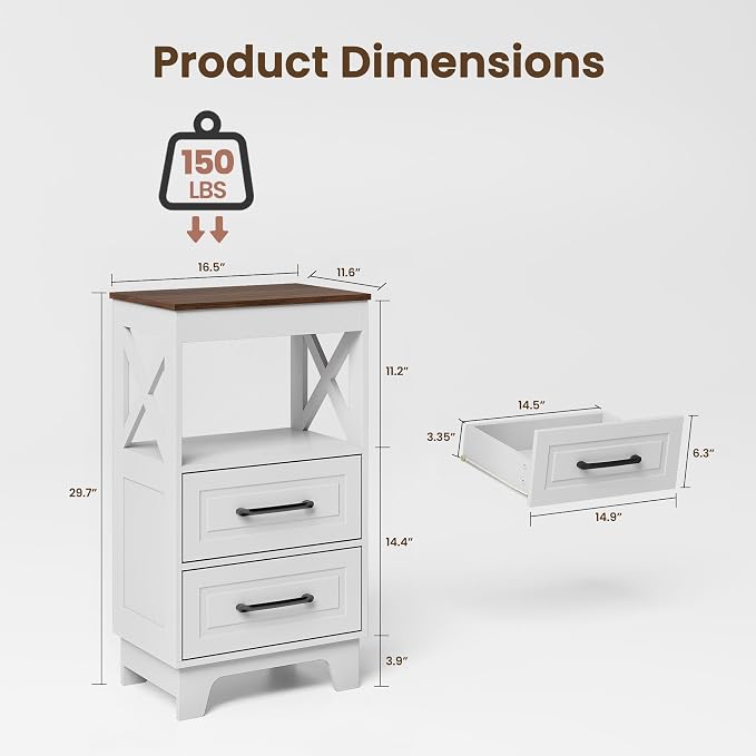 Tall Nightstand Set of 2 Side Table with 2 Drawers Modern Night Stand Wooden Rustic End Table Bedside Table with Below Open Shelf Solid Feet for Bedroom White+Walnut - Image 3