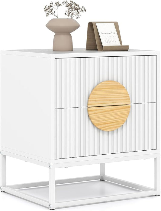 Giantex Fluted Nightstand with 2 Drawers, White Wood Bedside Table with Natural Circle Handle & Metal Frame, Minimalist Accent End Table, Modern Mid Century Night Stand for Bedroom by Giantex