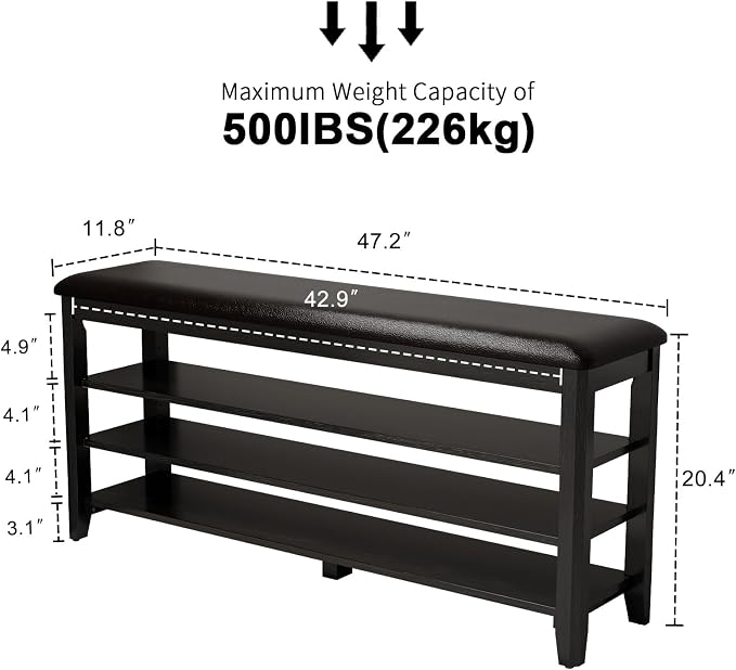 AQIMUELE Shoe Bench with Leather Cushion, 3 Tiers Shoe Storage Bench Height Adjustable, Walnut Wood Entryway Bench for Hallway, Mudroom - Image 2