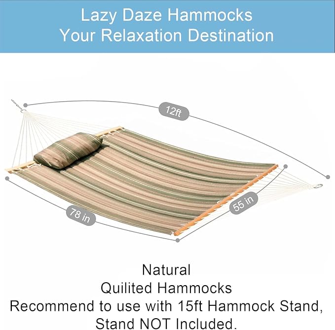 Lazy Daze 12 FT Quilted Fabric Double Hammock with Spreader Bars and Detachable Pillow, 2 Person Hammock for Outdoor Patio Backyard Poolside, 450 LBS Weight Capacity, Mixed Green & Brown Stripe - Image 2