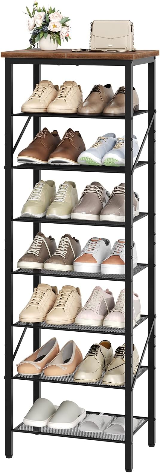 MAHANCRIS 8 Tier Narrow Shoe Rack Organizer, Tall Slim Shoe Storage for Small Space, Holds 8-16 Pairs, Metal Shoe Shelf with Wooden Top for Entryway Closet Bedroom, Rustic Brown and Black SRHR08401 by MAHANCRIS