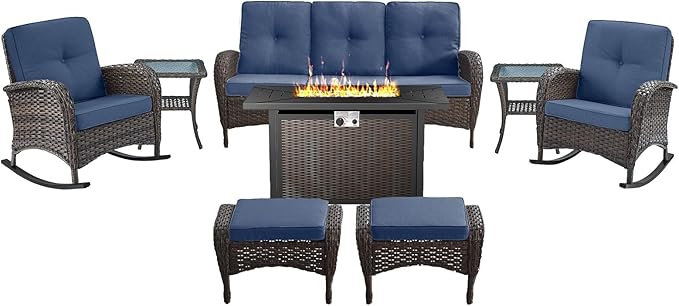 Belord Patio Furniture Set with Fire Pit Table - 8 Piece Outdoor Wicker Furniture Set with 43" 50000 BTU Propane Fire Pit and Rocking Chairs Patio Conversation Set for Deck Outside Backyard