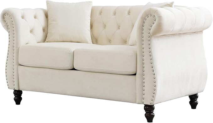 KEIKI Chesterfield Sofa, Retro Style Upholstered 2 Seater Velvet Couch with Rolled Arm for Living Room Bedroom Office Apartment, Beige