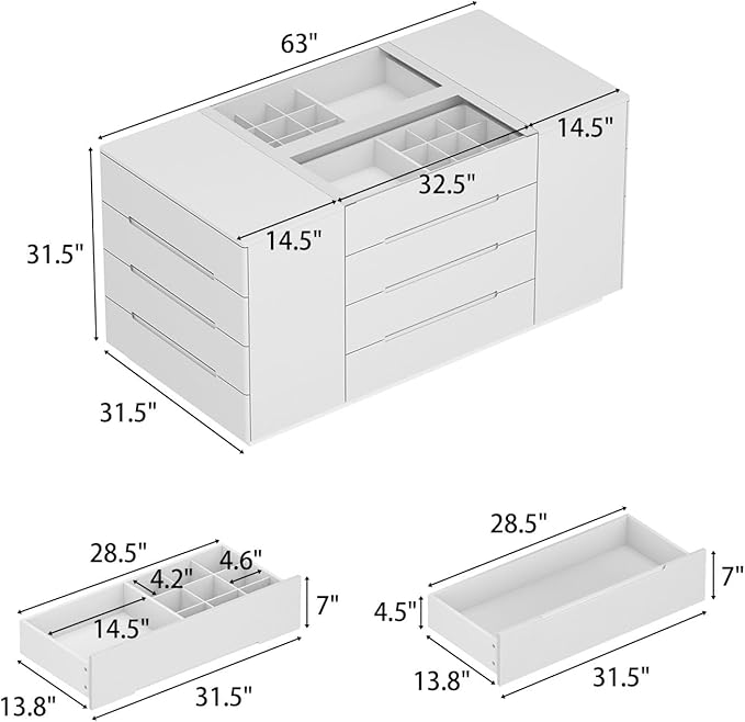 Armoire Bedroom Island Wardrobe Closet Island with 16 Drawers & Glass Tabletop, Island Dresser with Jewelry Organizer, Closet Island for Cloakroom White (63”W x 31.5”D x 31.5”H)