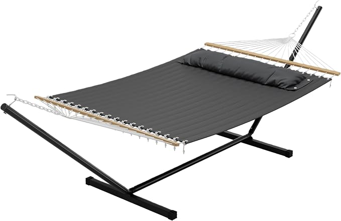 Double Hammock with Stand for 2 Person, Outdoor Freestanding Hammock Bed with 475lb Capacity - Heavy Duty Steel Frame, Quilted Pillow & Portable Carry Bag, Easy Assembly, Dark Gray by IDEALHOUSE