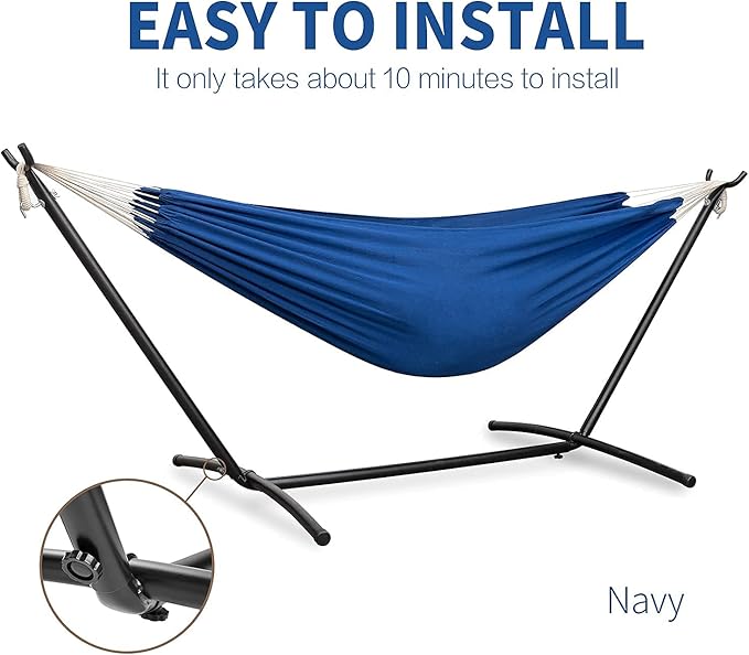 PNAEUT Double Hammocks with Stand for Outside, Portable Space Saving Heavy-Duty Steel Stand for Indoor Outdoor Patio with Carrying Bag, 450 lbs Capacity (Navy) - Image 6