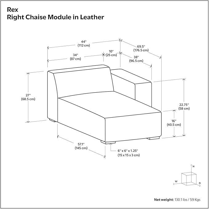 SIMPLIHOME Rex Right Chaise Sofa Module in Full-Grain Genuine Leather, Sienna, 44-inches W x 69.5-inches D, Handcrafted Modern-Style Right-Arm Chaise Lounge Chair for Living Room and Family Room