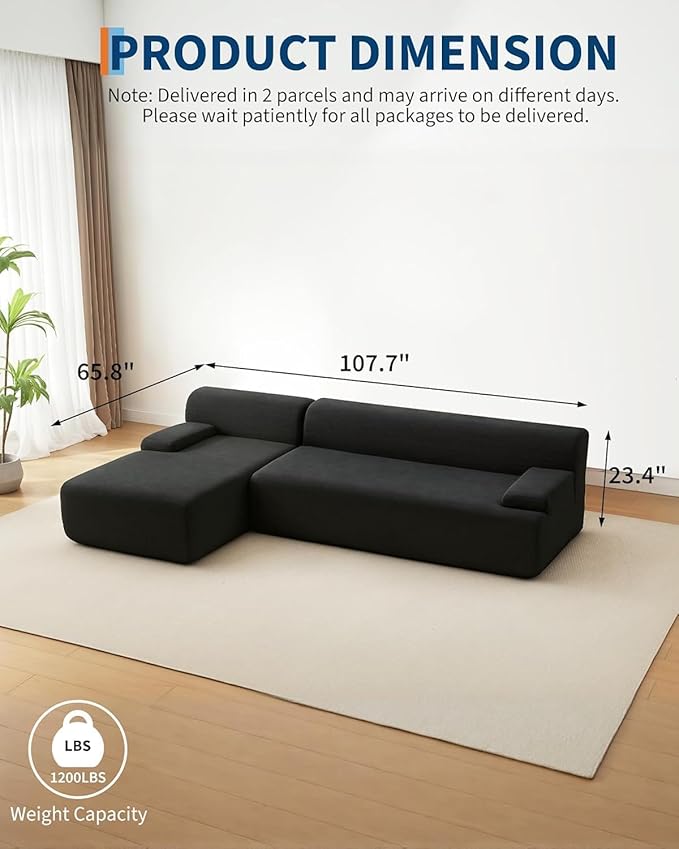 108" Sectional Couches for Living Room, Modular Sectional Sofa with L-Shape Chaise, Cloud Couch, Comfy Corduroy Couch with Deep Seat, No Assembly Required,Black