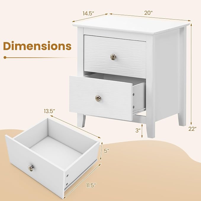 KOMFOTT 2 Drawers Nightstand Set of 2, Wooden Bedside Table, Modern Sofa Side End Table, Compact Side Table for Bedroom, White - Image 3