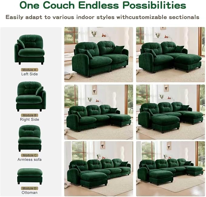 KEIKI 74" L-Shaped Oversized Chenille Modular Sectional Loveseat Sofa with 1 Ottoman, High-Density Foam Cushions, Tufted Pleated Cushion Backrest, 2-Seater Couch with 2 Pillow, for Living Room, Green