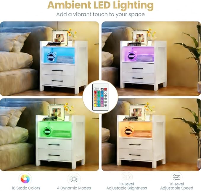 KOMFOTT Nightstand with LED Lights & Charging Station, 23.5” Smart Bedside Table with 2 Drawers & Open Storage Shelf, USB Port & Outlets, Modern End Side Table for Bedroom, White - Image 4