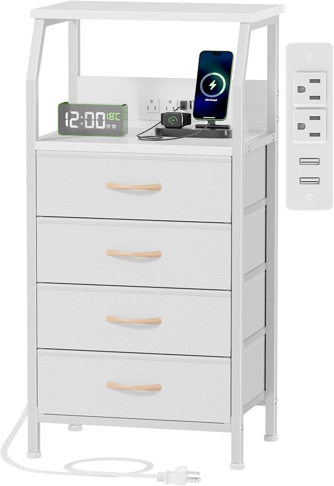 Furnulem Night Stand with Charging Station, Dresser with PVC & Fabric Drawers, 33.3 Inch Side Table with Open Shelf, Tall Bedside Table for Closet, Entryway, Bedroom Furniture, 3 Ways to Use, White by Furnulem