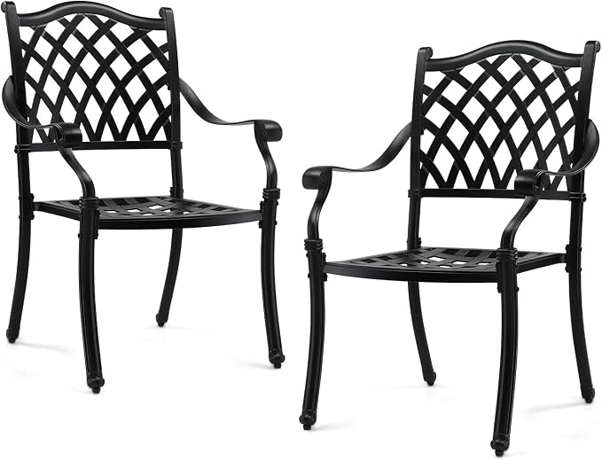 VINGLI Patio Chairs Set of 2 - Stackable Outdoor Cast Aluminum Dining Chairs with Vintage Black Finish and Diamond Pattern, Metal Armchairs for Poolside, Backyard, Balcony (No Cushion) by VINGLI
