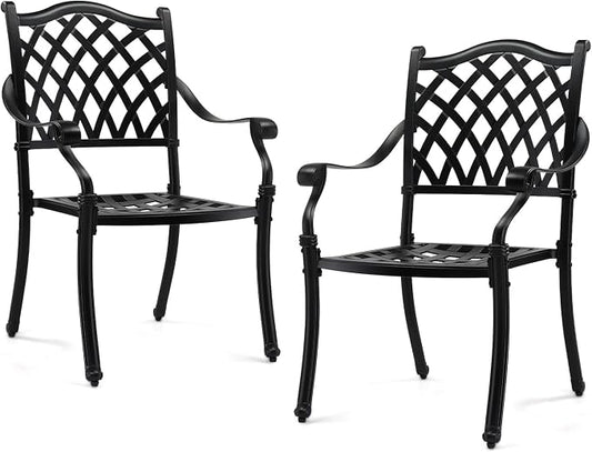 VINGLI Patio Chairs Set of 2 - Stackable Outdoor Cast Aluminum Dining Chairs with Vintage Black Finish and Diamond Pattern, Metal Armchairs for Poolside, Backyard, Balcony (No Cushion) by VINGLI