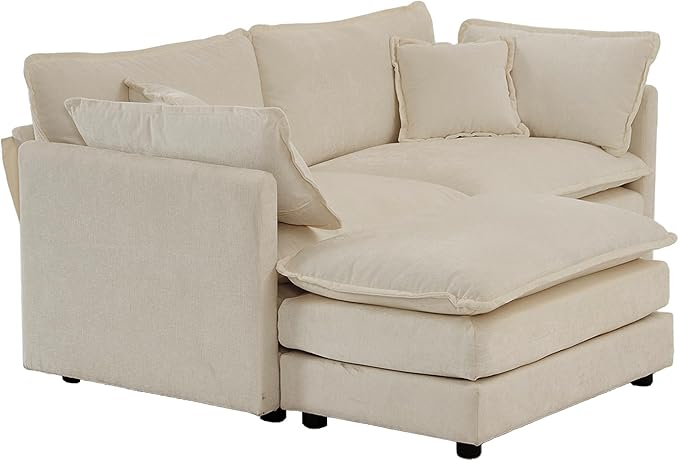 KEIKI Loveseat Sofa, Upholstered 2 Seater Couch with 1 Footrest, Oversized L-Shaped Sectional Sofa with Ottoman for Living Room Bedroom Office, Beige