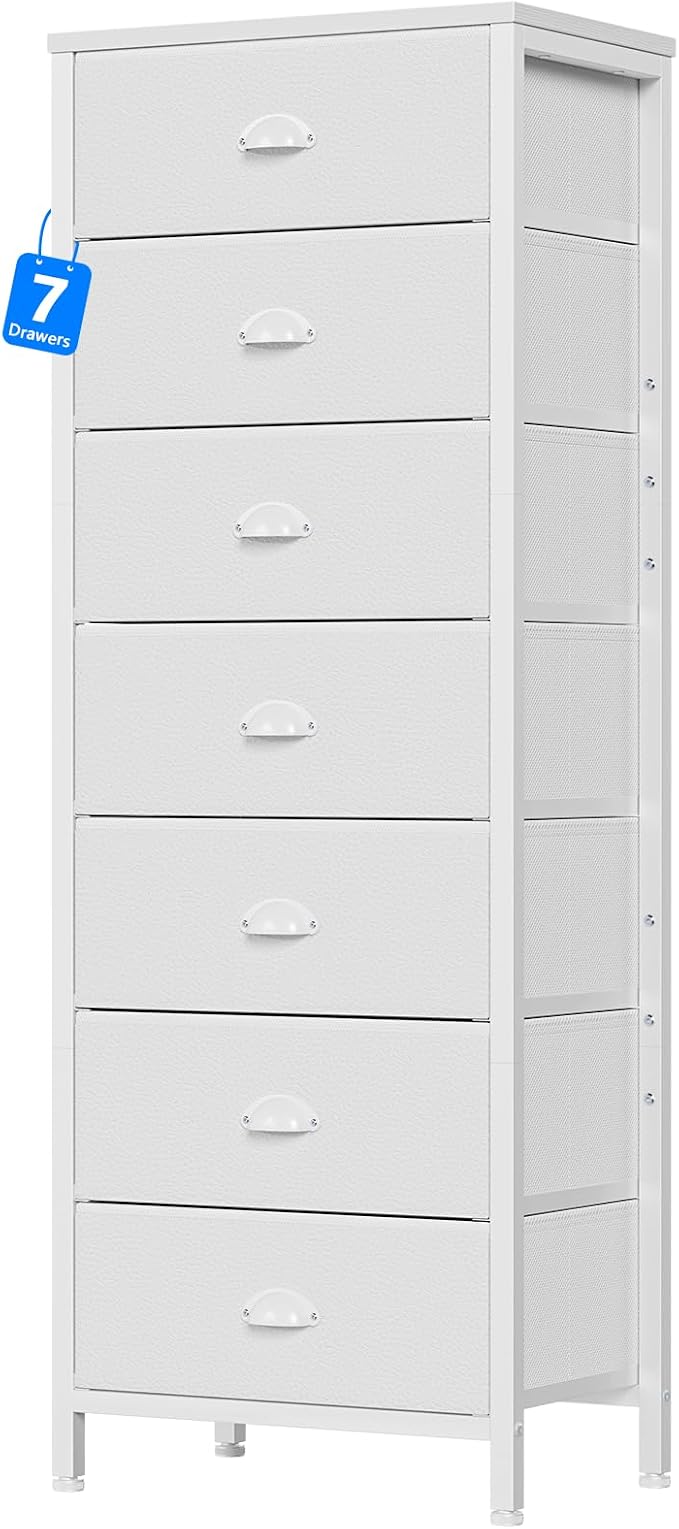 Furnulem White Tall Dresser for Bedroom with 7 Drawers, Vertical Chest of Drawer in Closet, Nightstand Storage Tower Unit Organizer with Fabric Bins for Dorm,Living Room,Entryway,Hallyway by Furnulem