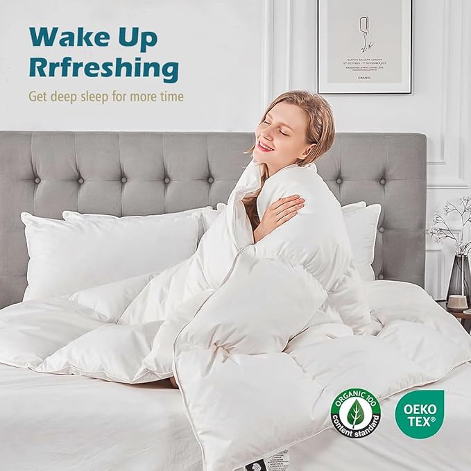 Cobnom® Organic Cotton Down Comforter Queen Size - Fluffy High Fill-Power Down & Feather Fibers Duvet Insert, All-Season Hypoallergenic Hotel-Style Bedding (Ivory White 90x90 Inch)