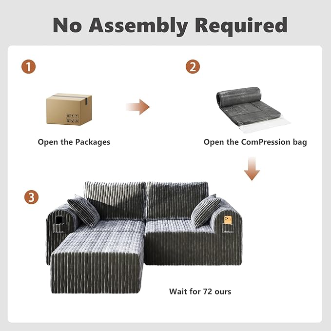 106" Boneless Couches for Living Room, Modular Sectional Sofa, L-Shape Sofa Couches,Cloud Couch Sectional, Comfy Corduroy Sofa, with Deep Seat, No Assembly Required (Gray, 2 Seater + 1 Ottoman)
