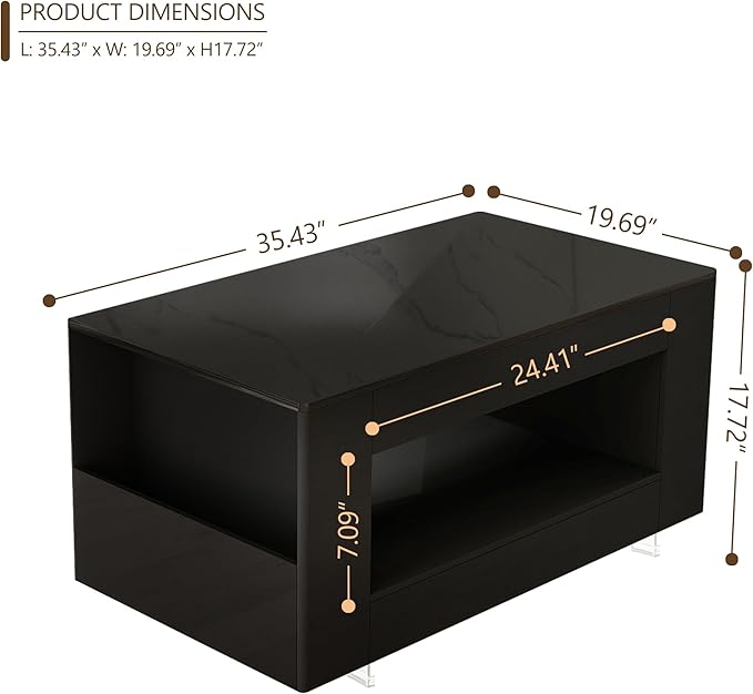 High Gloss Wood Coffee Table for Living Room, Sides Storage with Transparent Legs, Modern 2-Tier Storage Shelf Center Table for Home Office, Apartment, Black