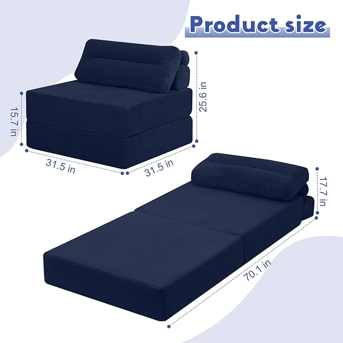MeMoreCool Folding Sofa Bed Single – Convertible Sleeper Chair with Pillow, Navy | Foldable Mattress Back Support Portable Fold Out Chair Bed Comfy Floor Sofa Lounge for Living Room Bedroom