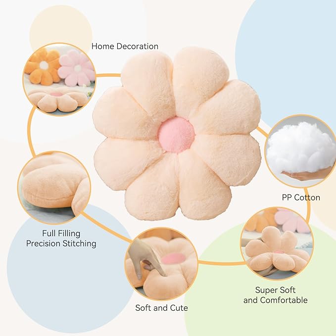 FIONOUT Flower Pillow Decorative Pillows, 25.5In Daisy Pillow Cute Flower Shaped Pillow Floor Seating Custion for Reading, Couch and Room Dector (65CM/Beige)