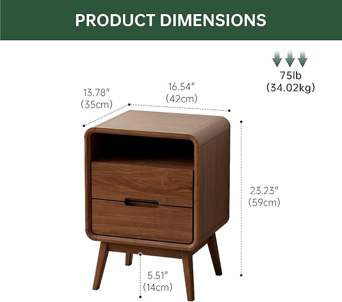 Solid Wood Nightstand Set of 2, Walnut Night Stand with 2 Drawers and Open Storage, Bedside Table for Bedroom, Mid Century Modern Nightstands for Dorm - Image 2
