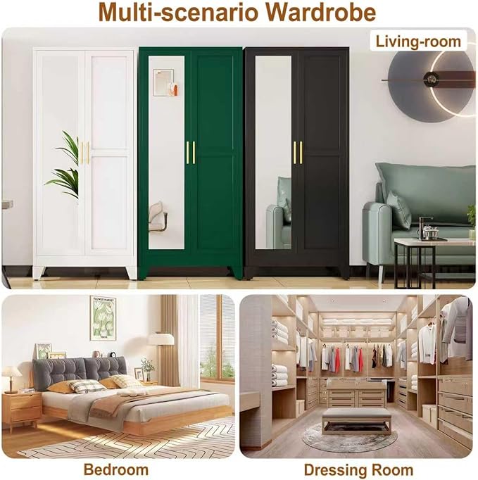 Metal Armoire Wardrobe Closet Storage Cabinet with Mirror Green, 71'' Wardrobe Cabinet with Hanging Rod Metal Closet with 2 Adjustable Shelves for Bedroom, Laundry Room, Cloak Room