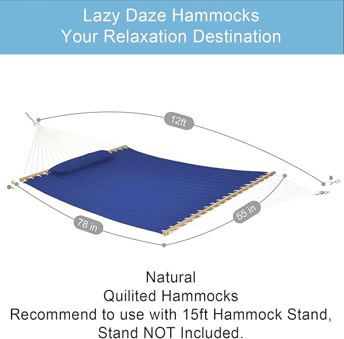 Lazy Daze Hammocks 12 FT Double Quilted Fabric Hammock with Spreader Bar and Detachable Pillow, 450lbs Weight Capacity, Navy Blue - Image 3