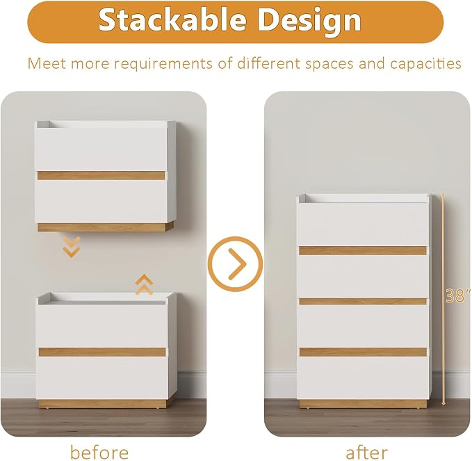 Large Modern Nightstand White Bedside Table, 2 Drawer Dresser Wood Stackable Storage Drawers for Clothes for Closet, Bedroom, 24"x16"x20" - Image 3